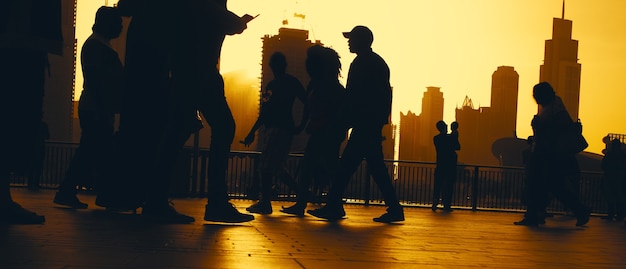 La gente cammina in città al tramonto