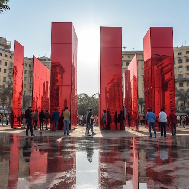 La gente cammina intorno a una scultura rossa in una piazza generativa ai