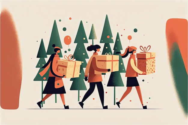 La gente che cammina e trasporta scatole regalo presenta un carattere felice in abiti caldi Alberi di Natale Illustrazione vettoriale di Natale e Capodanno Realizzato da AIIntelligenza artificiale