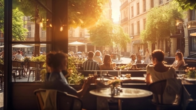 La gente del caffè della via della città di Parigi che si rilassa e cammina sulla vista dei bagliori del sole della via dalla finestra sulla città