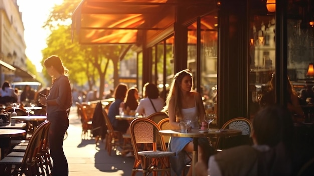 La gente del caffè della via della città di Parigi che si rilassa e cammina sulla vista dei bagliori del sole della via dalla finestra sulla città