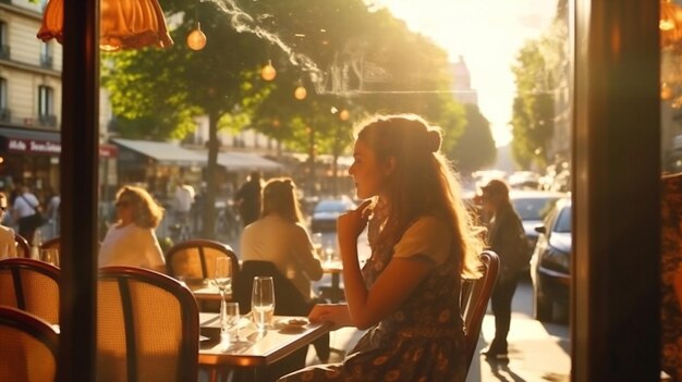 La gente del caffè della via della città di Parigi che si rilassa e cammina sulla vista dei bagliori del sole della via dalla finestra sulla città