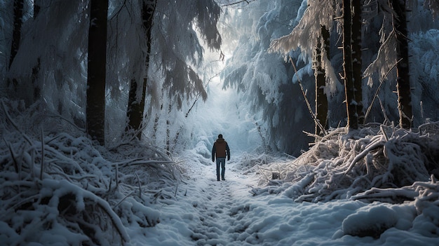 La gente della foresta d'inverno e il concetto di natura Giovane Pearson che cammina nella foresta innevata