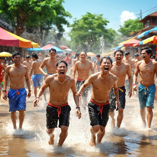 La gente di Songkran corre attraverso l'acqua durante una calda giornata estiva.