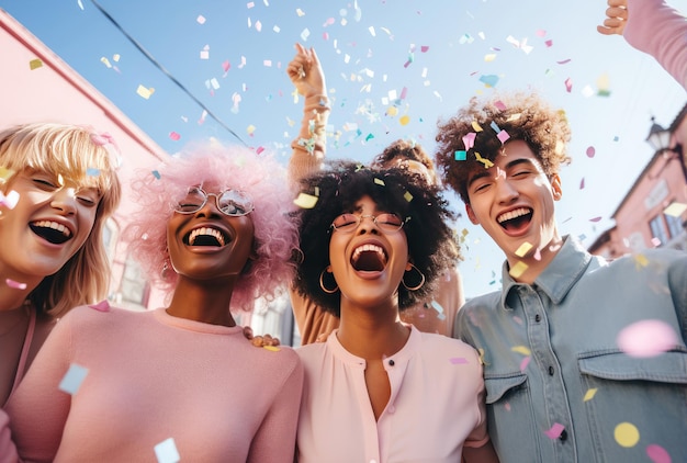 La gente festeggia con gioia con i coriandoli nell'aria