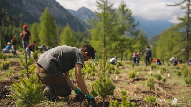 La gente pianta nuove conifere nell'area aperta della montagna.