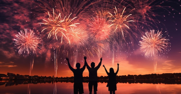 La gente si trova in cima alla collina per vedere i fuochi d'artificio in città