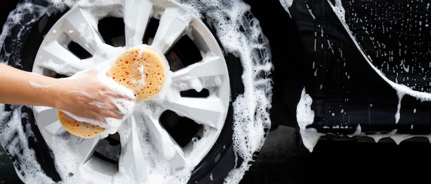 La gente tiene la mano spugna gialla per lavare l'auto. pulizia del pneumatico della ruota. Concetto di autolavaggio pulito.