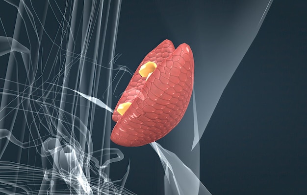 La ghiandola tiroidea è una ghiandola endocrina che si trova nel collo negli esseri umani ed è costituita da due lobi interconnessi