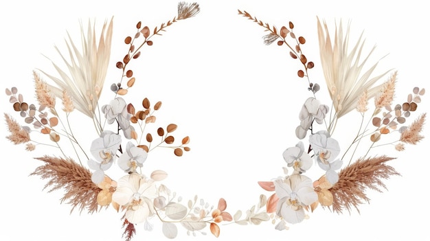 La ghirlanda floreale dell'orchidea lunaria e dell'erba delle pampas è un'illustrazione moderna che combina fiori esotici secchi, foglie di palma e disegni moderni.