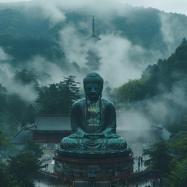 La gigantesca statua di Buddha che si affaccia su un paesaggio nebbioso la figura maestosa si fonde con la nebbia