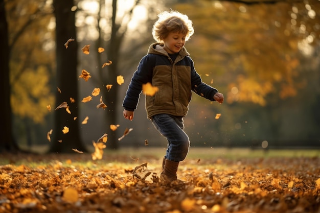 La gioia dell'autunno ha scatenato la vivace danza di un ragazzo tra le foglie che scalciano sul campo