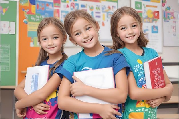 La gioia di imparare Un ritratto di piccoli compagni di classe che tengono insieme le cartelle eccitati