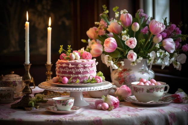 La gioia pasquale catturata in un'immagine un tavolo adornato con una torta pasquale circondata da candele e fiori primaverili vivaci