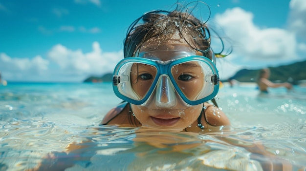 La gioiosa ragazzina con la maschera e lo snorkel esplora l'oceano sulla spiaggia