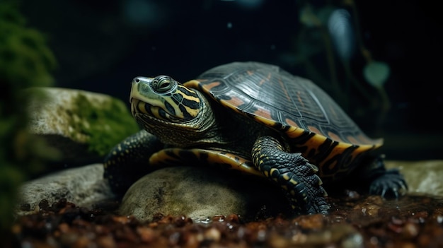 La gioiosa tartaruga si immerge nel sole crogiolandosi sulla roccia nell'oasi dell'acquario