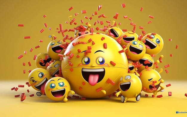 La giornata mondiale degli emoji 3D sullo sfondo di uno striscione con un gruppo di emoji divertenti in diverse facce