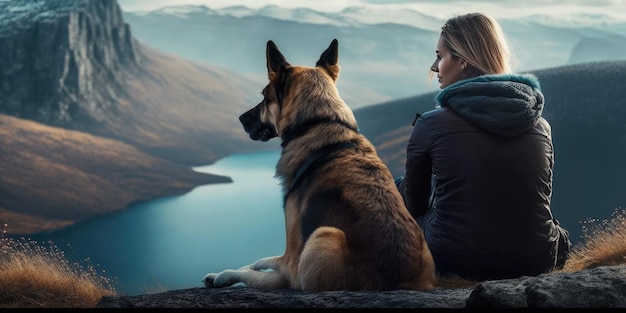 La giovane bella donna gode della vista con il suo cane durante l'escursione in montagna