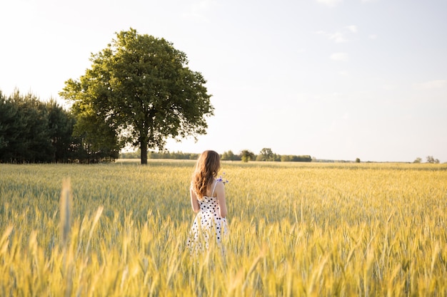 La giovane bella ragazza con capelli naturali lunghi cammina su un campo di frumento.