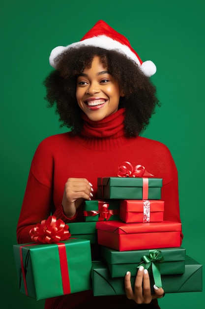 La giovane donna afroamericana felicissima e divertente indossa il cappello da Babbo Natale a collo alto in posa e tiene molte scatole presenti