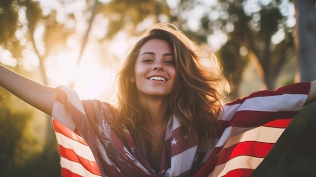 La giovane donna allegra spalle la celebrazione di saluto della bandiera americana