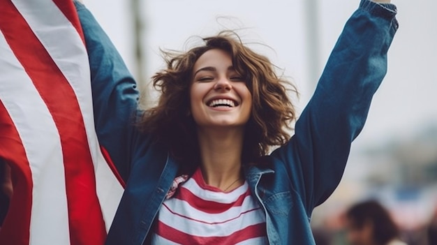 La giovane donna allegra spalle la celebrazione di saluto della bandiera americana