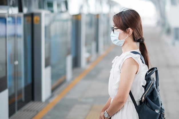 La giovane donna asiatica che indossa la mascherina chirurgica protegge l'inflessione del coronavirus