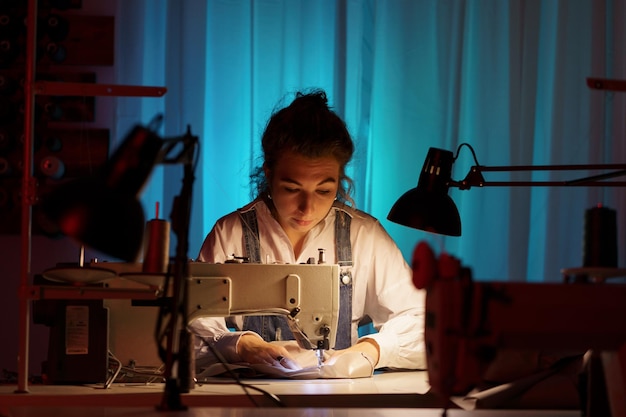 La giovane donna autonoma lavora alla macchina da cucire in un piccolo atelier creativo creando abiti su misura