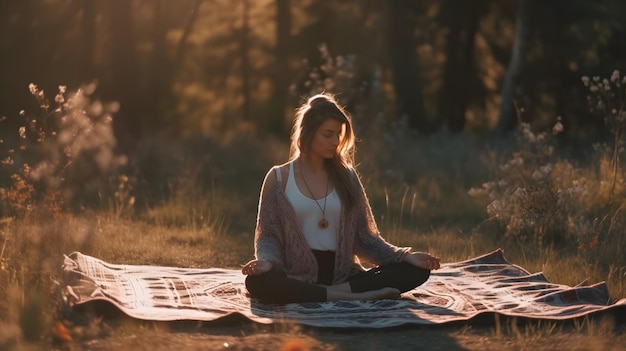 La giovane donna che fa la pratica dello yoga nella meditazione della natura ama l'intelligenza artificiale generativa