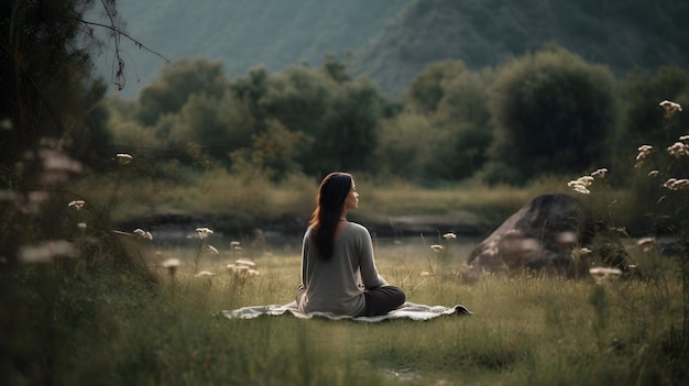 La giovane donna che fa la pratica dello yoga nella meditazione della natura ama l'intelligenza artificiale generativa