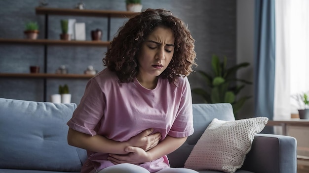 La giovane donna che indossa una camicia rosa soffre di dolori addominali