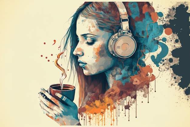 La giovane donna con la cuffia ascolta musica e beve l'illustrazione dell'acquerello del caffè