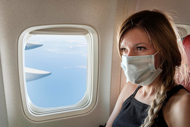 La giovane donna con una maschera medica blu si siede sul sedile del passeggero a bordo dell'aereo e guarda fuori il w...