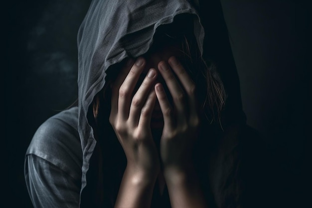 La giovane donna copre il viso con le mani su uno sfondo scuro Concetto di depressione e ansia