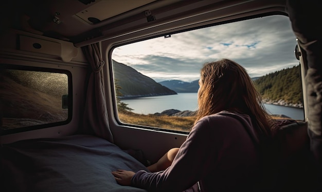 La giovane donna era seduta in un camper e guardava le montagne. Creava utilizzando strumenti di intelligenza artificiale generativa