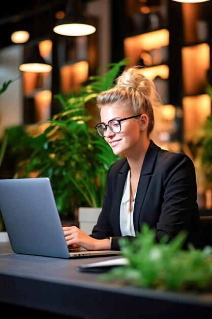 La giovane donna felice indossa un abito nero che usa il suo computer portatile alla fine della giornata lavorativa