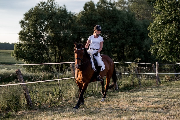La giovane donna in abiti sportivi bianchi sta praticando l'equitazione. Sport e salute.