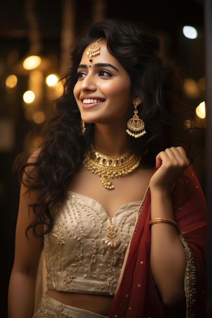 La giovane donna indiana graziosa indossa un'atmosfera lunatica di gioielli d'oro