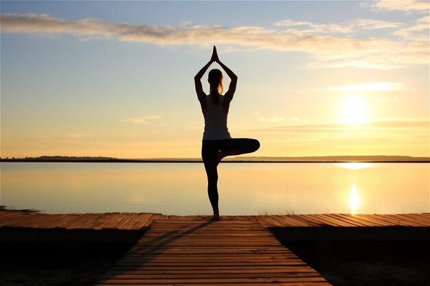 La giovane donna pratica lo yoga nella meditazione della natura per lo sfondo del lago naturale di allenamento