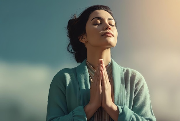 la giovane donna prega con le mani giunte e guarda il cielo nello stile del turchese chiaro