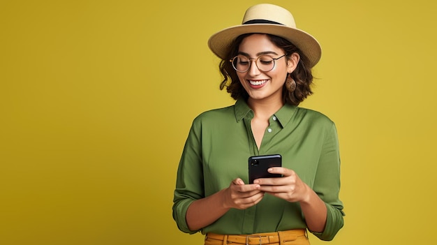 La giovane donna sorridente sta usando un telefono cellulare su uno sfondo giallo