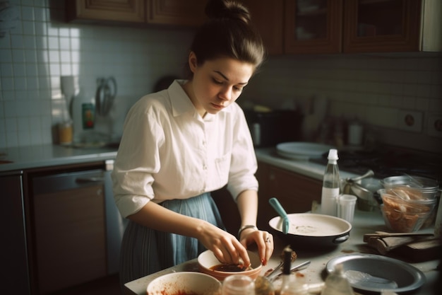 La giovane donna sta cucinando in cucina a casa Messa a fuoco selettiva IA generativa