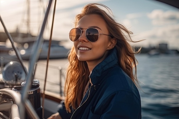 La giovane donna viaggia su una barca a vela godendosi la libertà e l'avventura del mare aperto IA generativa