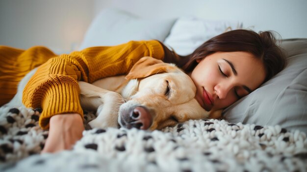 La giovane e bella donna dorme dolcemente nel suo letto abbracciando il suo adorabile cane con amore e cura