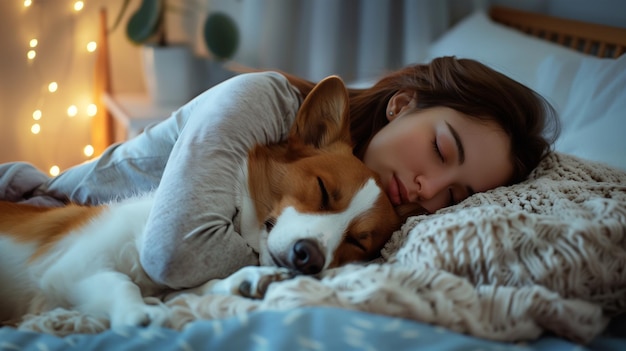 La giovane e bella donna dorme dolcemente nel suo letto abbracciando il suo adorabile cane con amore e cura