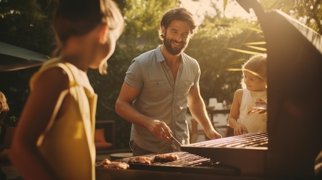 La giovane famiglia sta grigliando al barbecue