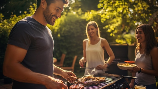 La giovane famiglia sta grigliando al barbecue