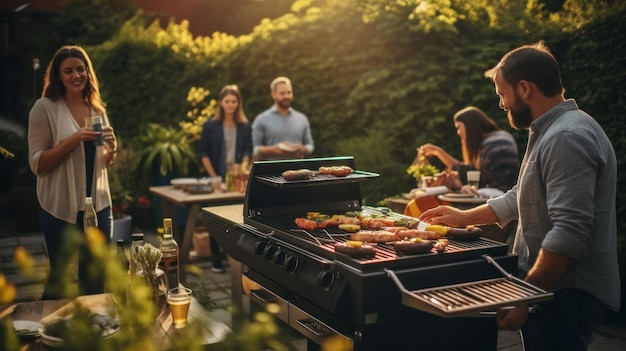 La giovane famiglia sta grigliando al barbecue