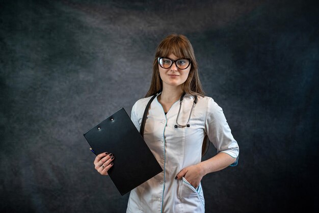 La giovane infermiera indossa un'uniforme medica con stetoscopio che tiene appunti