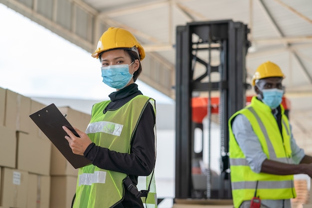 La giovane lavoratrice asiatica con i lavoratori uomini indossa una maschera per proteggere il coronavirus che lavora nella fabbrica del magazzino logistico